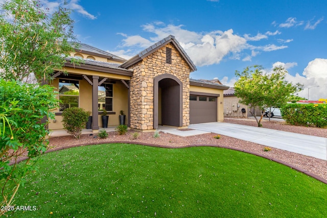 21972 N 97th Gln, Peoria, AZ 85383 - view of front of property with a tiled roof, driveway, an attached garage, stone siding, and stucco siding