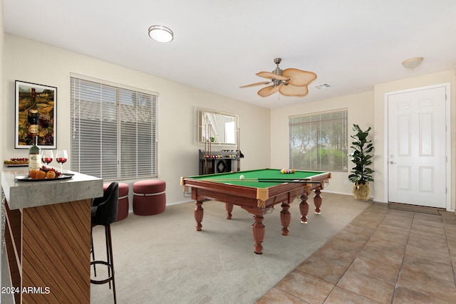 rec room featuring carpet flooring, ceiling fan, and billiards