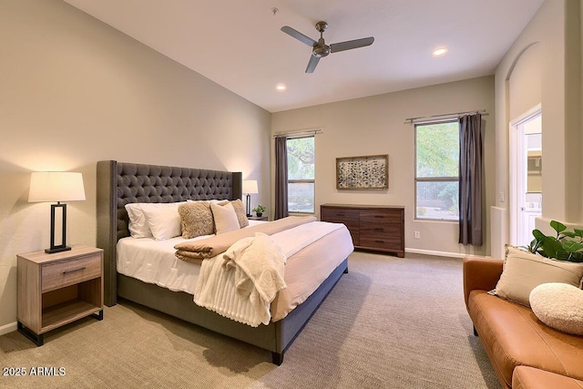 bedroom with baseboards, recessed lighting, ceiling fan, and light carpet