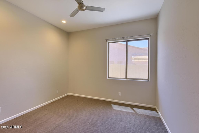 carpeted empty room featuring baseboards, a ceiling fan, and recessed lighting
