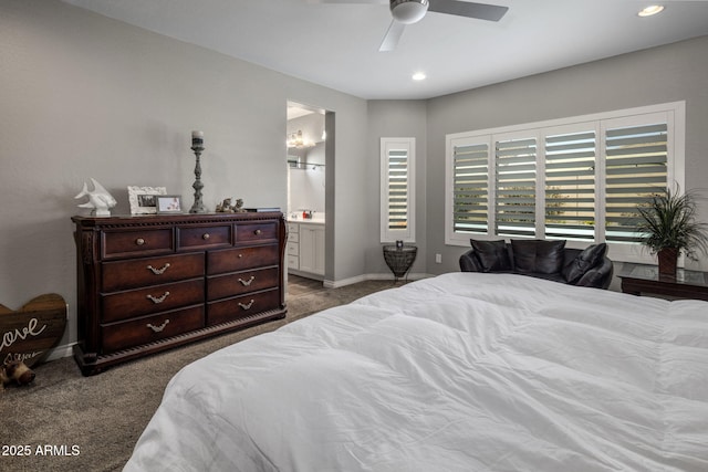 bedroom with recessed lighting, carpet flooring, baseboards, ensuite bath, and ceiling fan
