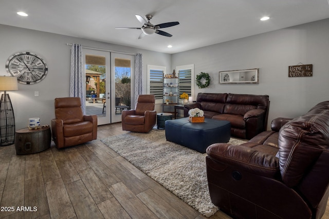 living area with french doors, recessed lighting, ceiling fan, and wood finished floors