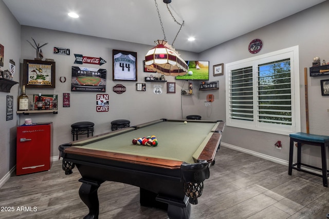 rec room featuring baseboards, pool table, wood finished floors, and recessed lighting