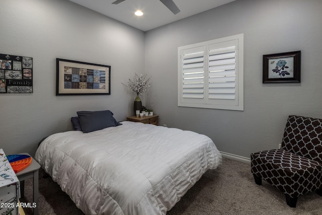 bedroom featuring baseboards, carpet floors, recessed lighting, and a ceiling fan