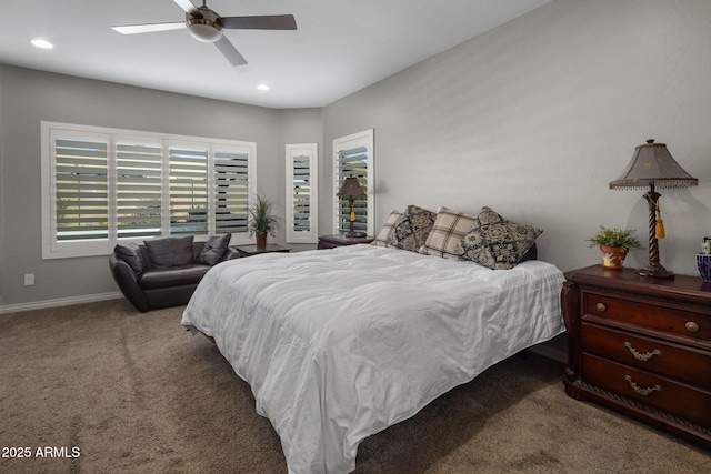 carpeted bedroom with baseboards, ceiling fan, and recessed lighting
