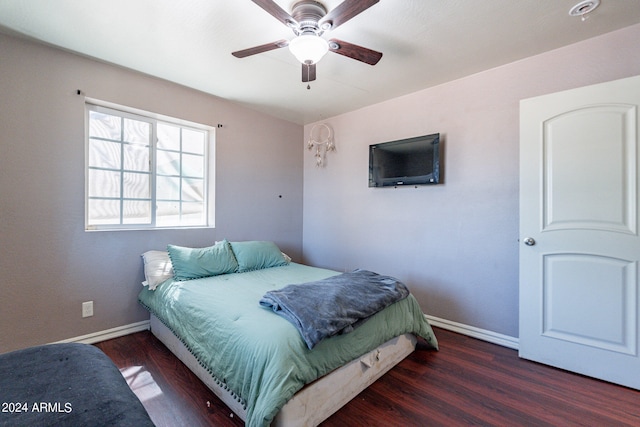 bedroom featuring ceiling fan and dark hardwood / wood-style floors