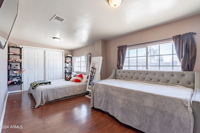 bedroom featuring a closet, multiple windows, lofted ceiling, and dark hardwood / wood-style floors