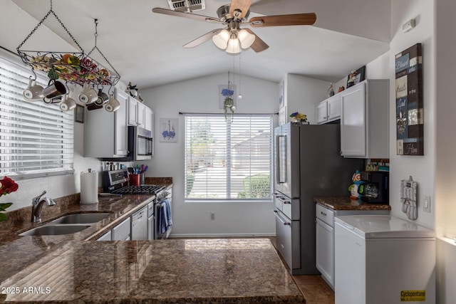 10465 W Windsor Blvd, Glendale, AZ 85307 - kitchen featuring a sink, stainless steel appliances, vaulted ceiling, ceiling fan, and white cabinets