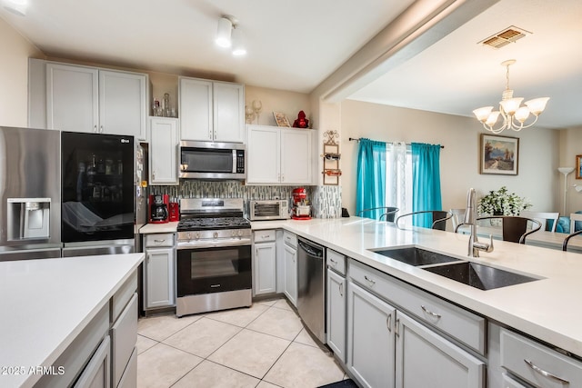 kitchen with sink, gray cabinets, hanging light fixtures, stainless steel appliances, and tasteful backsplash