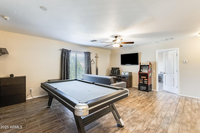 game room featuring ceiling fan, pool table, and wood-type flooring