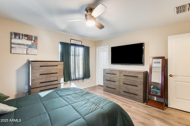 bedroom featuring ceiling fan and light hardwood / wood-style floors