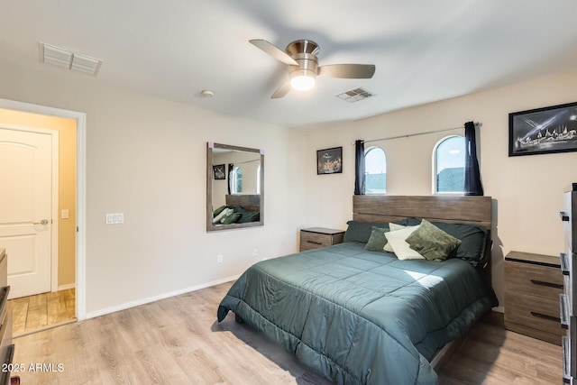 bedroom featuring ceiling fan and light hardwood / wood-style flooring