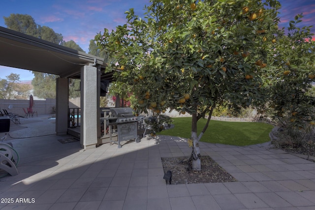 patio terrace at dusk with a grill and a lawn