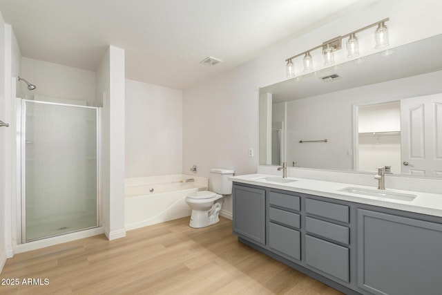 bathroom featuring double vanity, a sink, a shower stall, and wood finished floors