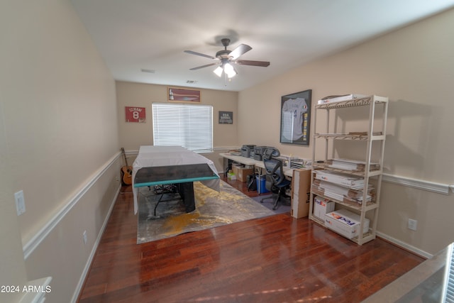 bedroom featuring ceiling fan and dark hardwood / wood-style floors