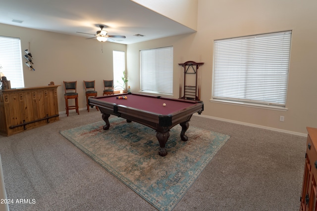 game room with ceiling fan, carpet floors, and billiards