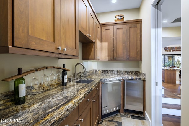 36389 N 105th Pl, Scottsdale, AZ 85262 - kitchen featuring a sink, refrigerator, dark stone countertops, dishwasher, and recessed lighting