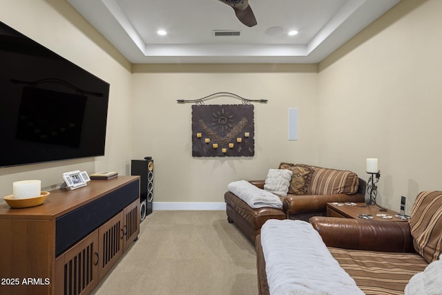36389 N 105th Pl, Scottsdale, AZ 85262 - living area featuring light colored carpet, a raised ceiling, ceiling fan, baseboards, and recessed lighting