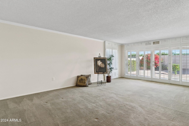 unfurnished living room with crown molding, carpet floors, and a textured ceiling