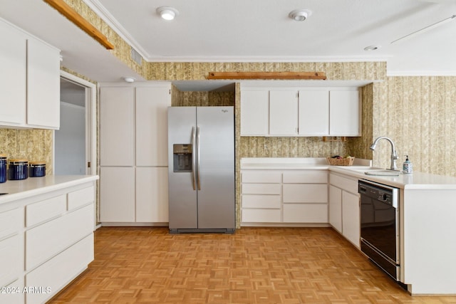 kitchen featuring sink, black dishwasher, stainless steel fridge with ice dispenser, light parquet flooring, and white cabinets