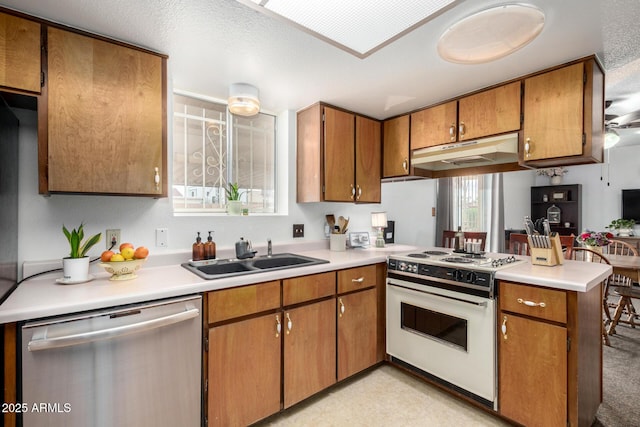 kitchen featuring under cabinet range hood, a peninsula, stainless steel dishwasher, electric stove, and a sink