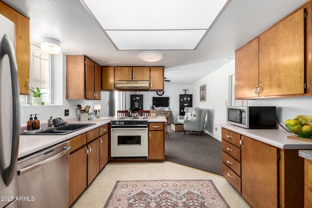 kitchen with under cabinet range hood, light countertops, appliances with stainless steel finishes, and a sink