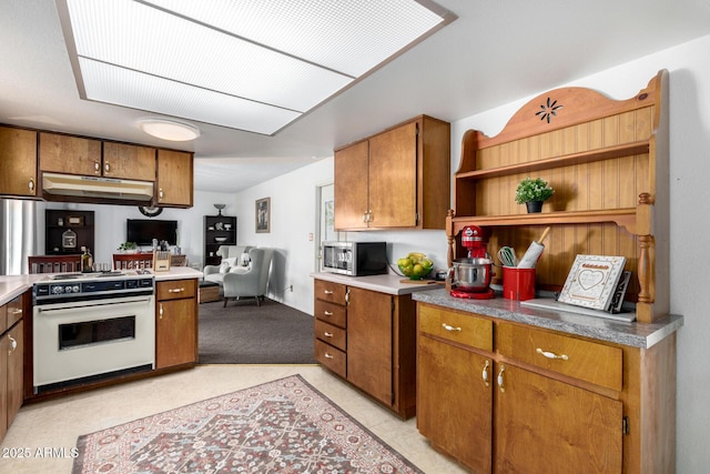 kitchen with open shelves, brown cabinets, under cabinet range hood, and stainless steel appliances