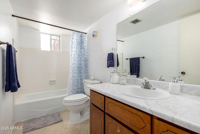 full bathroom with visible vents, toilet, vanity, and shower / tub combo