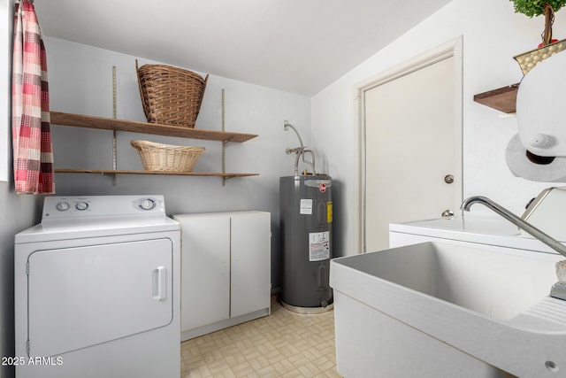 laundry area featuring a sink, laundry area, water heater, and washer and clothes dryer