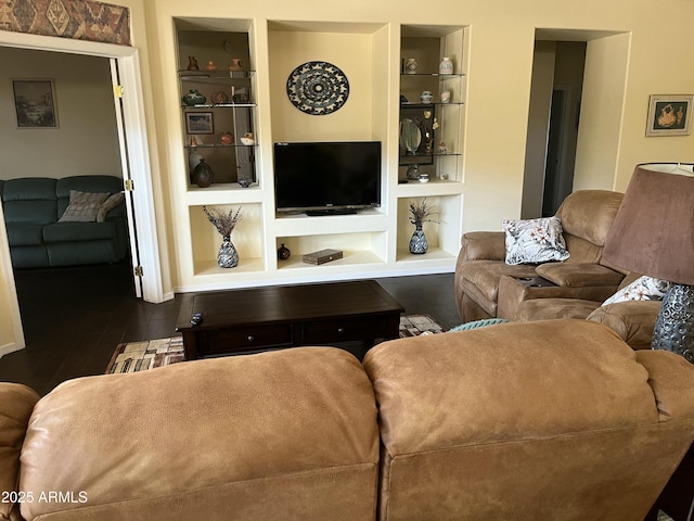 living room featuring dark wood-type flooring and built in features