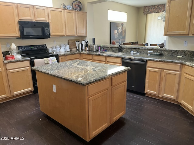 kitchen featuring kitchen peninsula, sink, light brown cabinets, and black appliances