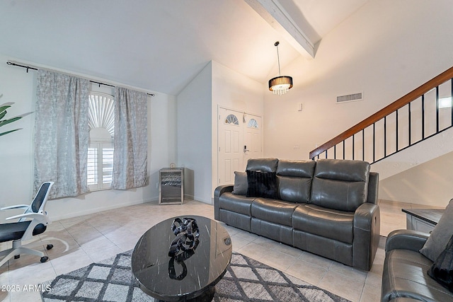 6216 W Poinsettia Dr, Glendale, AZ 85304 - living area featuring high vaulted ceiling, stairs, beam ceiling, tile patterned floors, and baseboards
