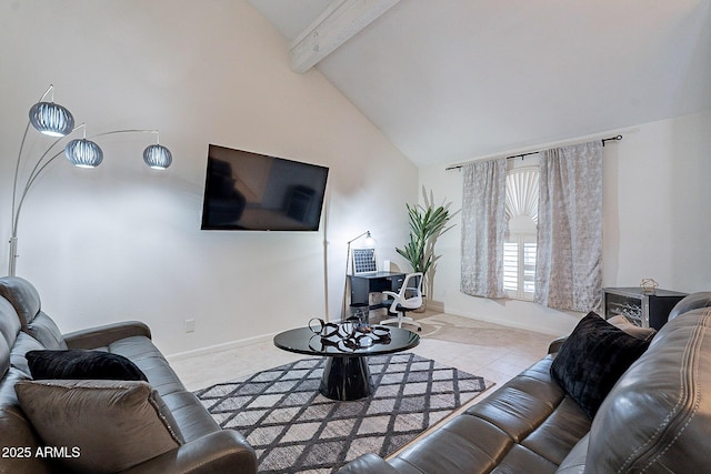 6216 W Poinsettia Dr, Glendale, AZ 85304 - living area with beam ceiling, tile patterned floors, high vaulted ceiling, and baseboards