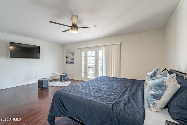 6216 W Poinsettia Dr, Glendale, AZ 85304 - bedroom featuring wood finished floors, a ceiling fan, baseboards, crown molding, and french doors