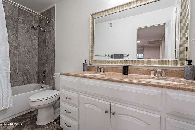 6216 W Poinsettia Dr, Glendale, AZ 85304 - full bathroom featuring toilet, double vanity, and shower / tub combo with curtain