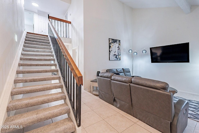 6216 W Poinsettia Dr, Glendale, AZ 85304 - living room with stairs, a high ceiling, tile patterned floors, and beam ceiling
