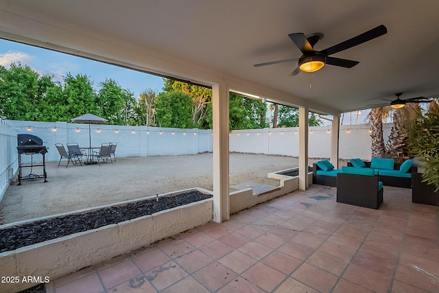 6216 W Poinsettia Dr, Glendale, AZ 85304 - view of patio featuring a fenced backyard, ceiling fan, a grill, and an outdoor hangout area