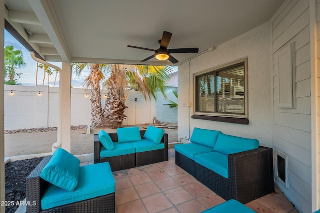 6216 W Poinsettia Dr, Glendale, AZ 85304 - view of patio / terrace featuring an outdoor hangout area, a fenced backyard, and a ceiling fan