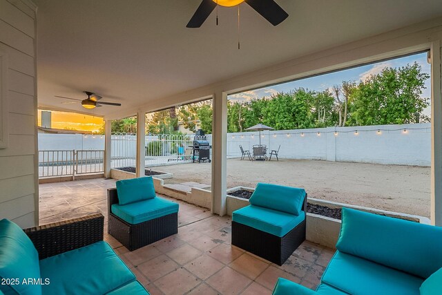 6216 W Poinsettia Dr, Glendale, AZ 85304 - view of patio with a ceiling fan, a fenced backyard, area for grilling, and outdoor lounge area