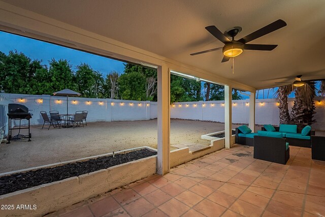 6216 W Poinsettia Dr, Glendale, AZ 85304 - view of patio / terrace with outdoor lounge area, ceiling fan, a fenced backyard, and grilling area