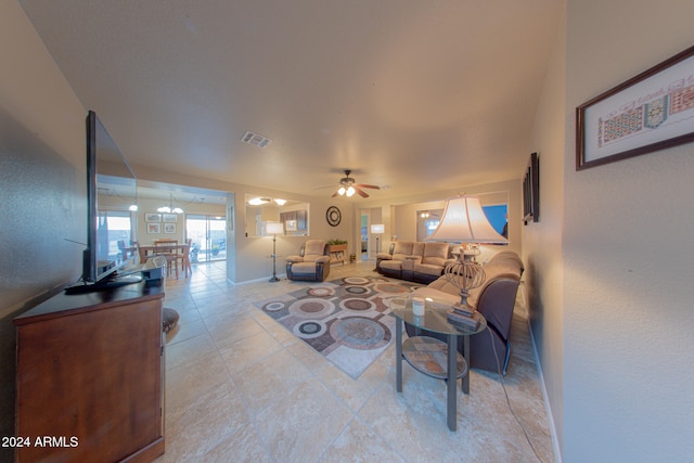 living room featuring ceiling fan