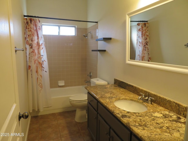 full bathroom featuring vanity, toilet, shower / bath combination with curtain, and tile patterned flooring