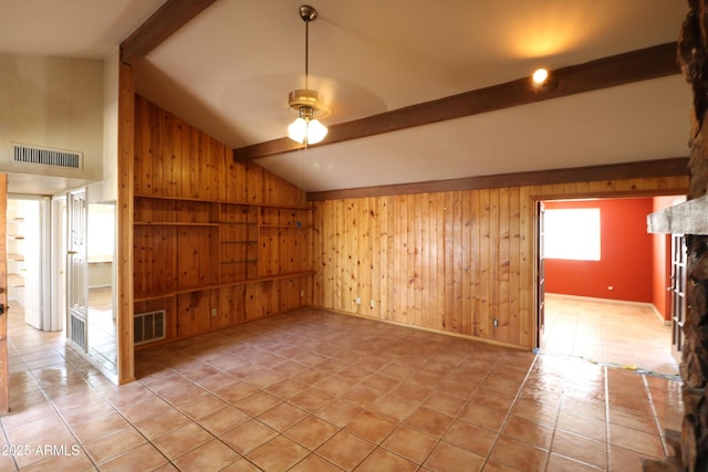 36655 N 25th St, Cave Creek, AZ 85331 - interior space featuring vaulted ceiling with beams, visible vents, a ceiling fan, wooden walls, and a fireplace