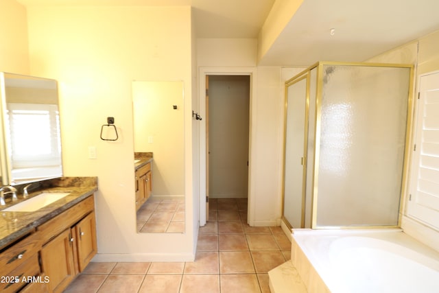 36655 N 25th St, Cave Creek, AZ 85331 - bathroom featuring a shower stall, a bath, vanity, and tile patterned flooring