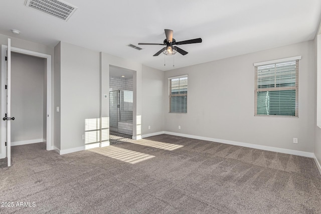 unfurnished bedroom with ceiling fan and carpet floors