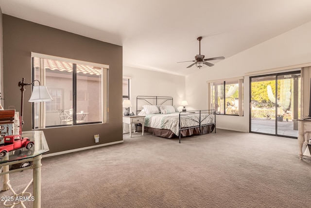 carpeted bedroom with lofted ceiling, access to outside, and ceiling fan