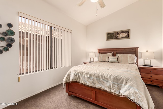 bedroom featuring lofted ceiling, ceiling fan, and carpet