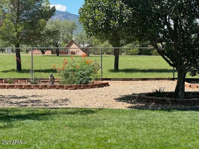 view of home's community with a mountain view and a lawn