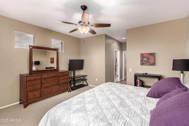 carpeted bedroom with ceiling fan, recessed lighting, and baseboards