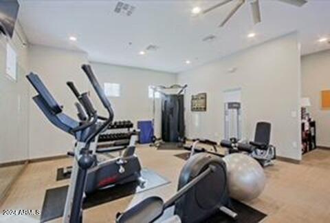 workout room featuring plenty of natural light and ceiling fan